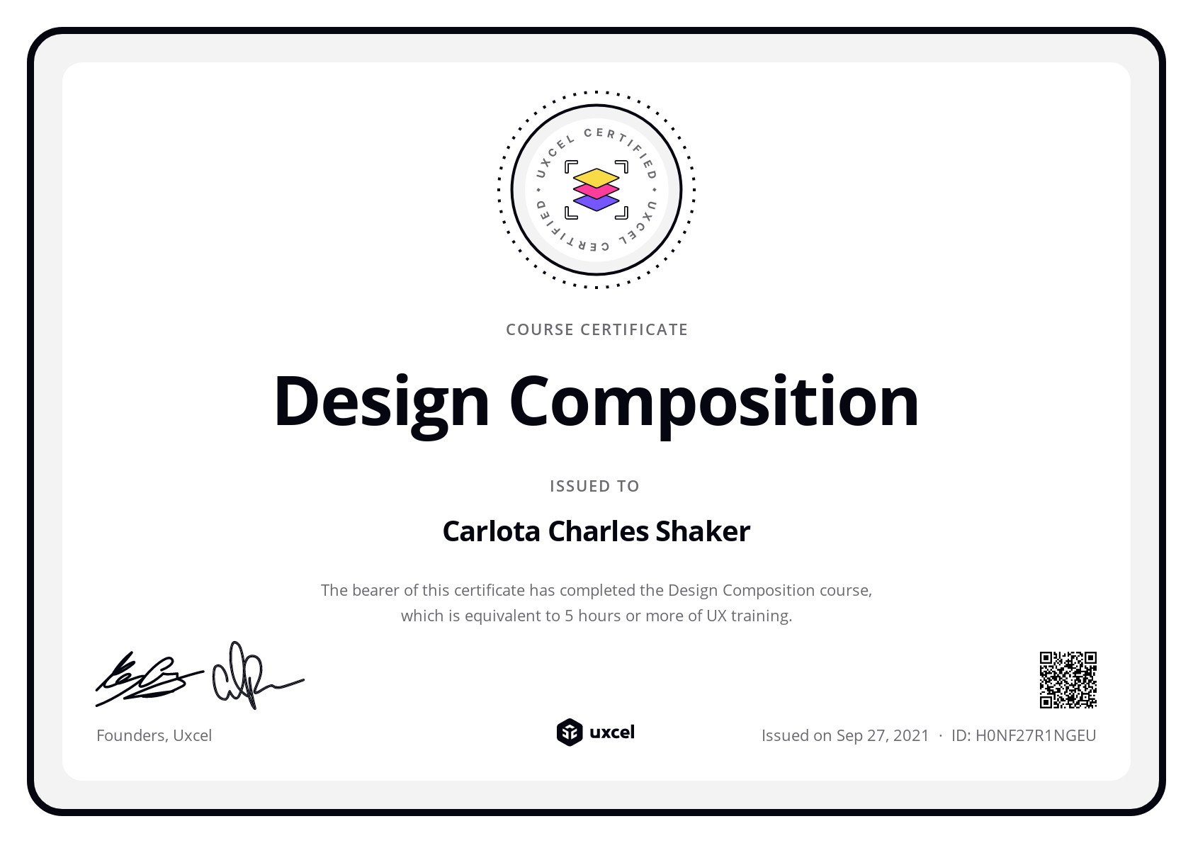 Carlota Charles Shaker's certificate